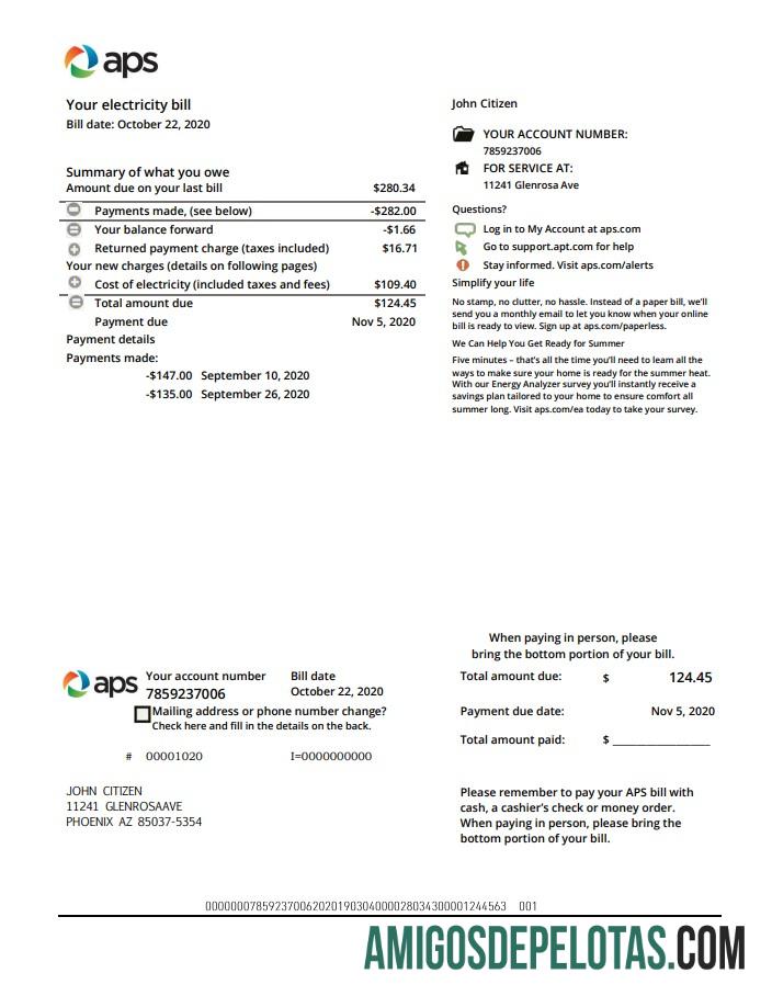 realista Modelo de comprovante de endereço de eletricidade APS dos EUA, Arizona, em formato Word e PDF